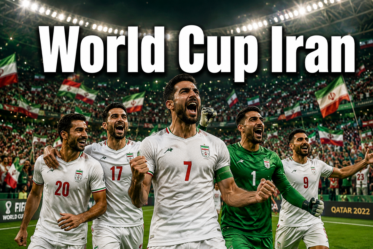 Professional () hero image with : 'World Cup Iran' in extra large white with dark drop , centered upper third composition.