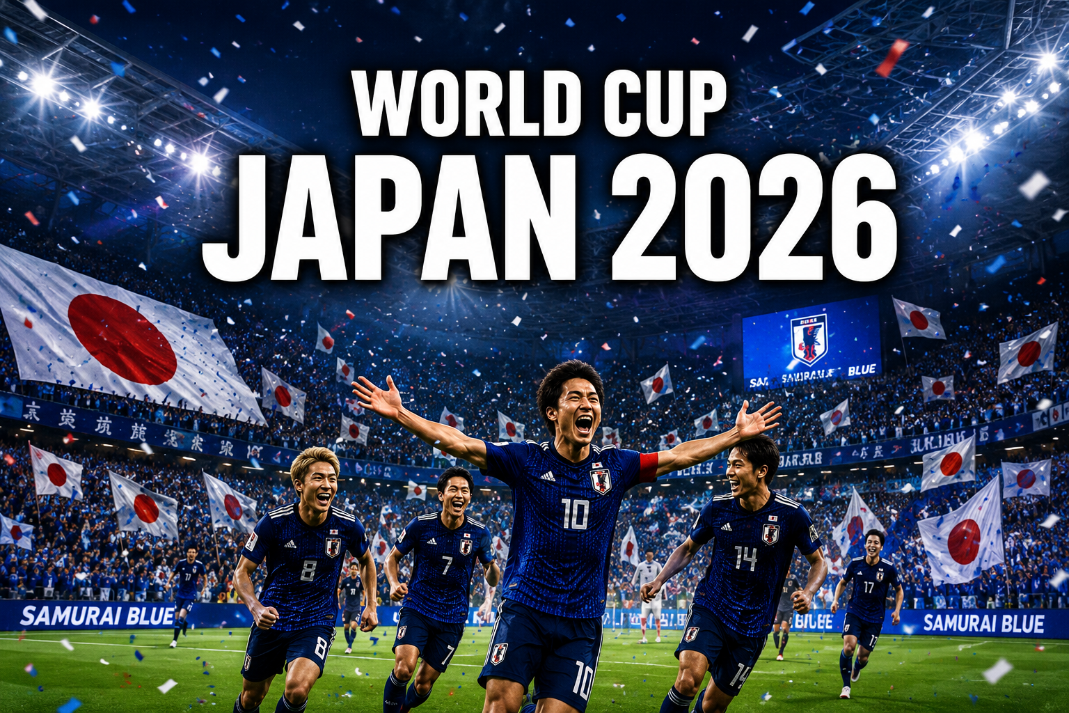 Professional () hero image with 'World Cup Japan 2026' in extra large white with dark drop , centered upper third.