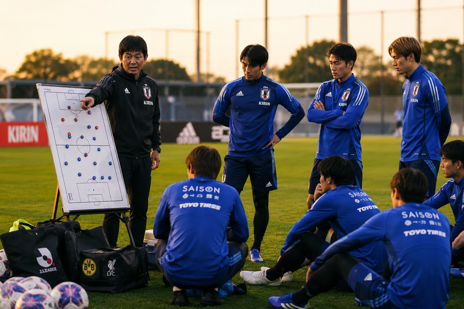 () dynamic action photograph composition showing Japanese national football team players in blue training kits performing
