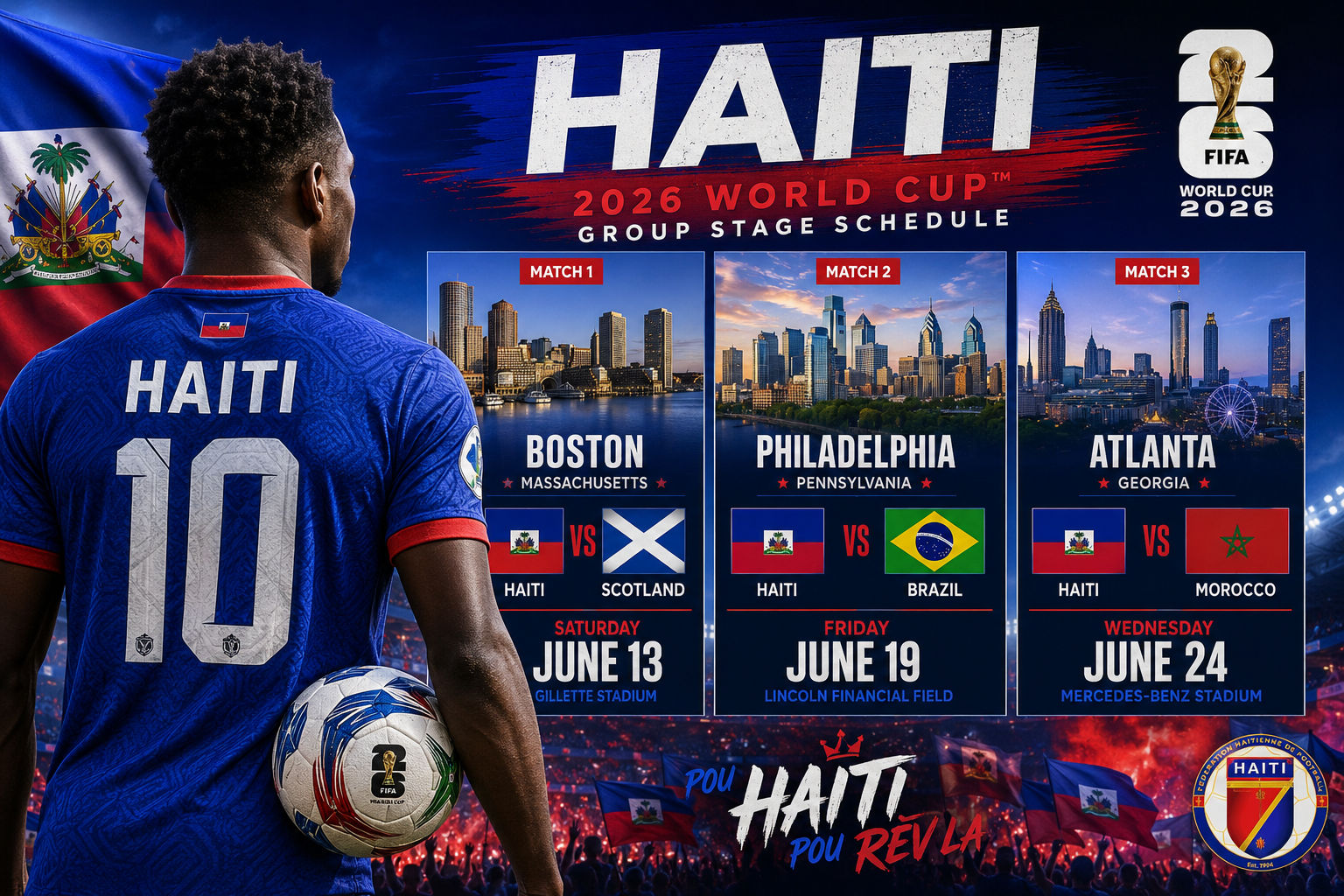 () editorial illustration showing Haiti's 2026 World Cup group stage schedule displayed as a visual match card grid — Haiti