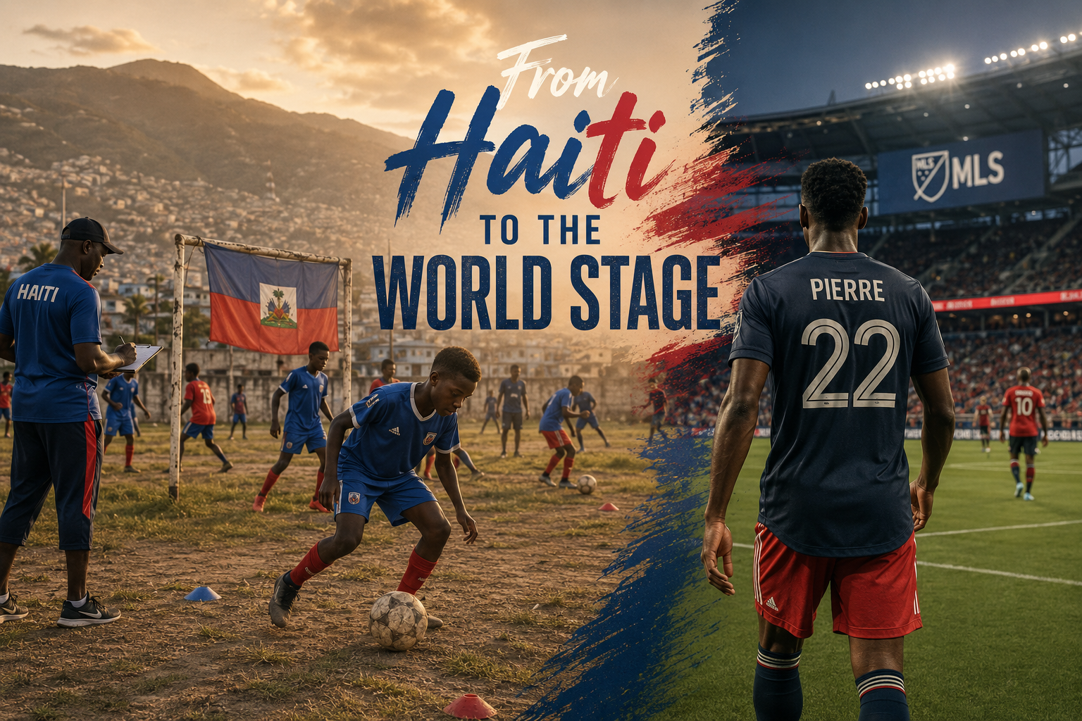 () documentary-style photo composite showing young Haitian soccer players training on a basic grass field in Port-au-Prince,