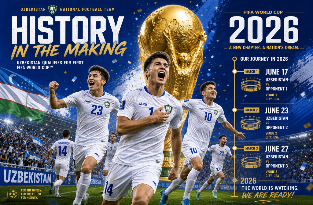 () editorial illustration showing Uzbekistan national football team players in their blue and white kits celebrating on a