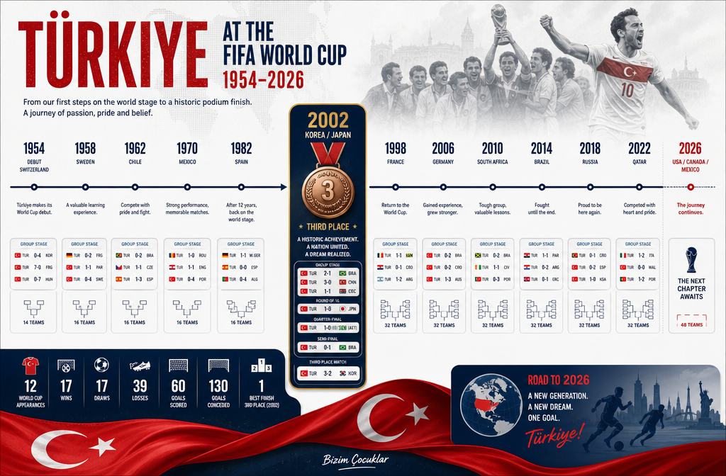 () editorial illustration showing a timeline graphic of Turkey's FIFA World Cup history from 1954 to 2026, featuring match