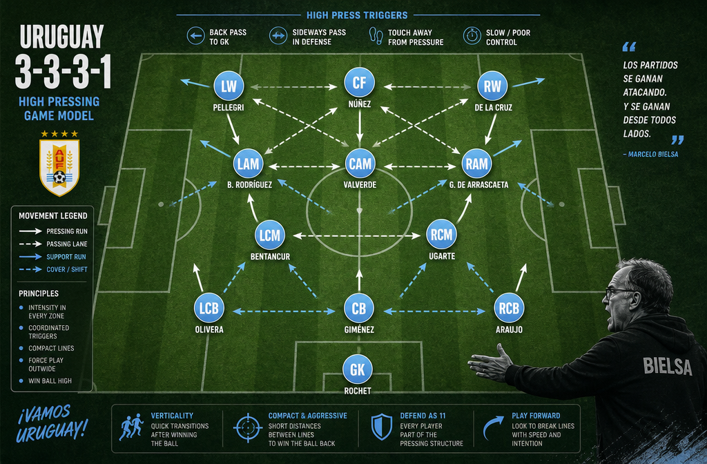 Detailed () tactical illustration showing a football pitch diagram from above with Uruguay's 3-3-3-1 formation marked in
