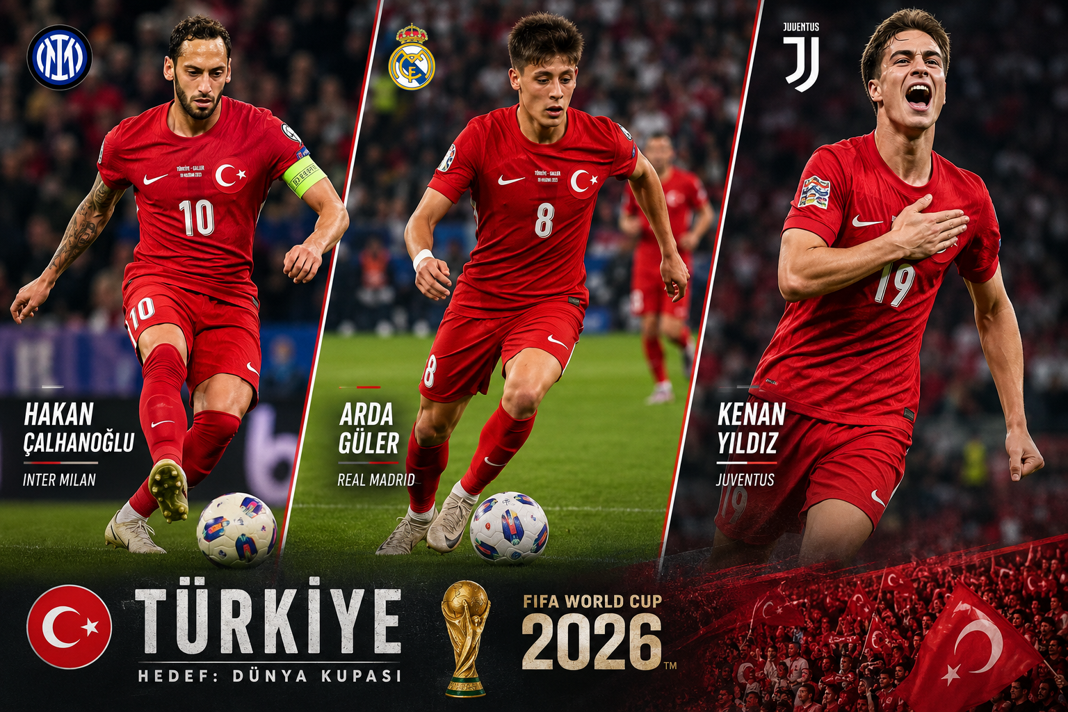 () dynamic action photograph composition showing three Turkish national team players in red jerseys mid-match — Hakan