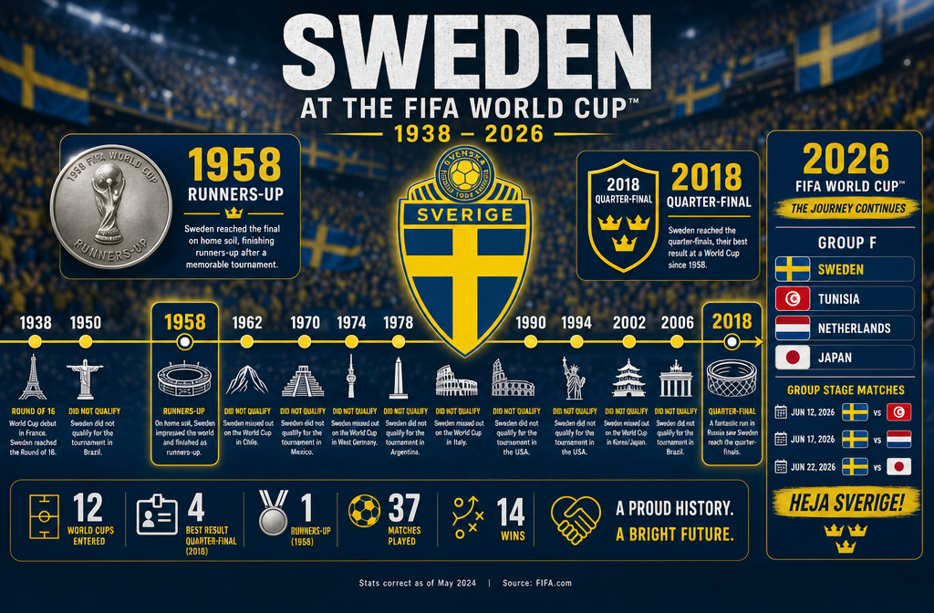 Detailed () editorial infographic showing Sweden's World Cup historical timeline from 1938 to 2026, with key milestones