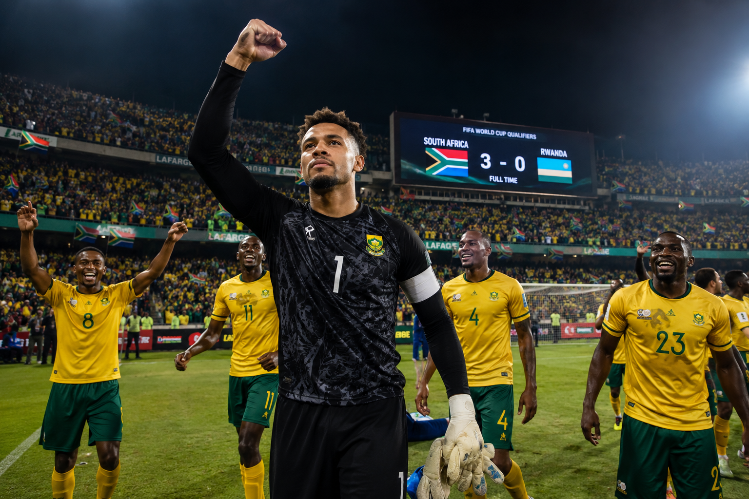 () editorial image showing South Africa national football team players in green and gold jerseys celebrating qualification,