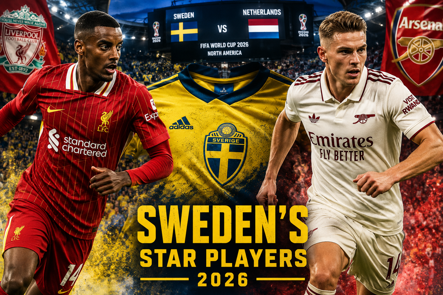 Detailed () action photography composite showing Alexander Isak in Liverpool red kit on left panel transitioning to Viktor