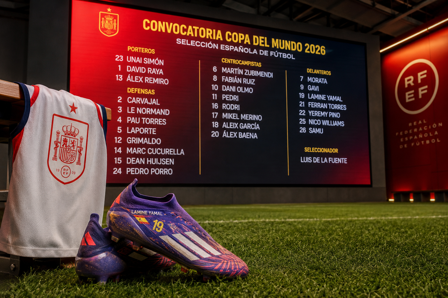 () editorial image showing Spain's 26-man World Cup 2026 squad announcement board with player names and jersey numbers
