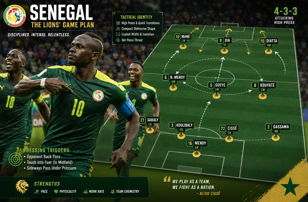 () dynamic action photograph composite showing Sadio Mane leading Senegal's national team in green jerseys, tactical