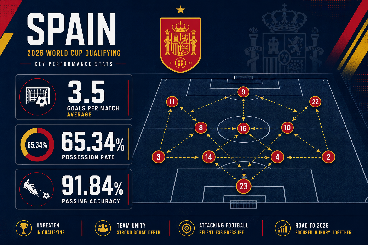 () infographic-style image showing a tactical football pitch diagram overlaid with Spain's key performance statistics from