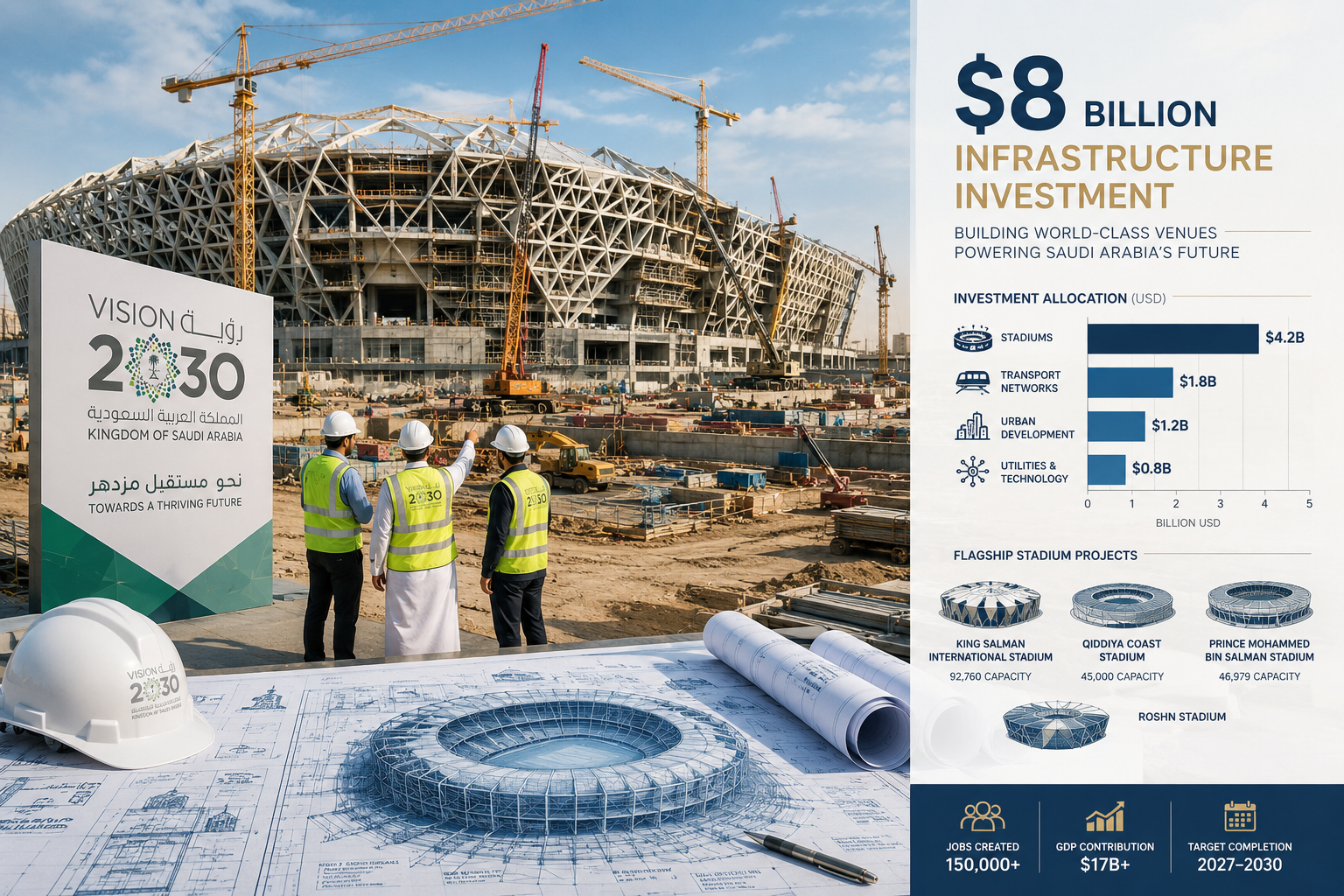 () editorial image showing a wide-angle view of a modern Saudi Arabian stadium under construction, with cranes, steel