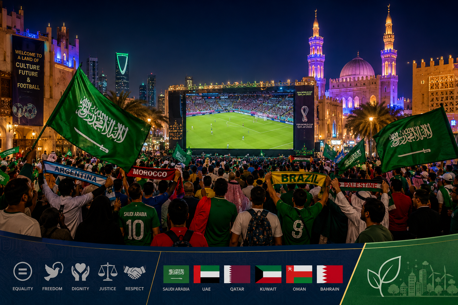 () editorial image depicting a diverse crowd of football fans in a Saudi Arabian city square watching a World Cup match on a