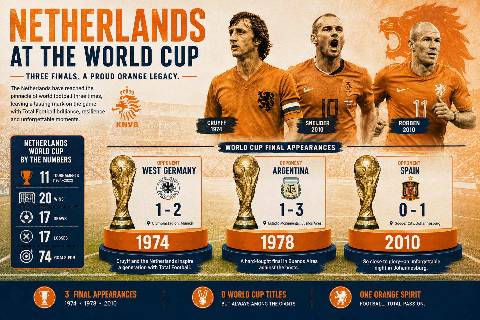 () editorial infographic showing Netherlands World Cup history timeline: three World Cup final appearances (1974, 1978,
