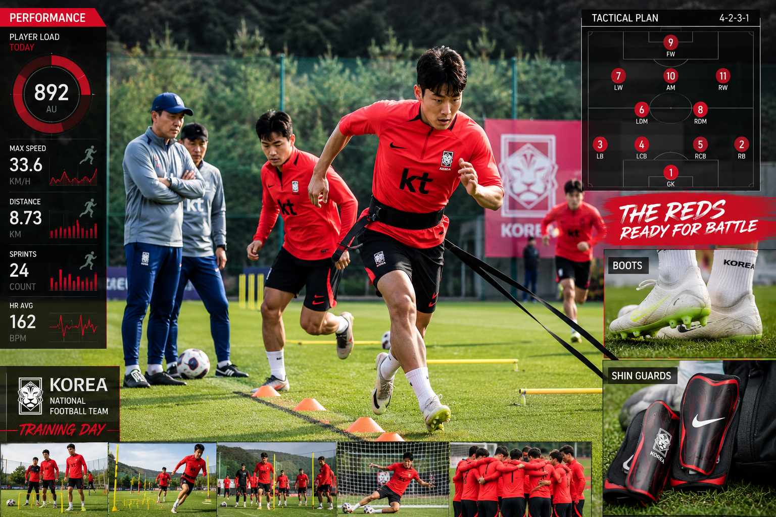 () action photography composite showing South Korean national team players in red training kits performing high-intensity