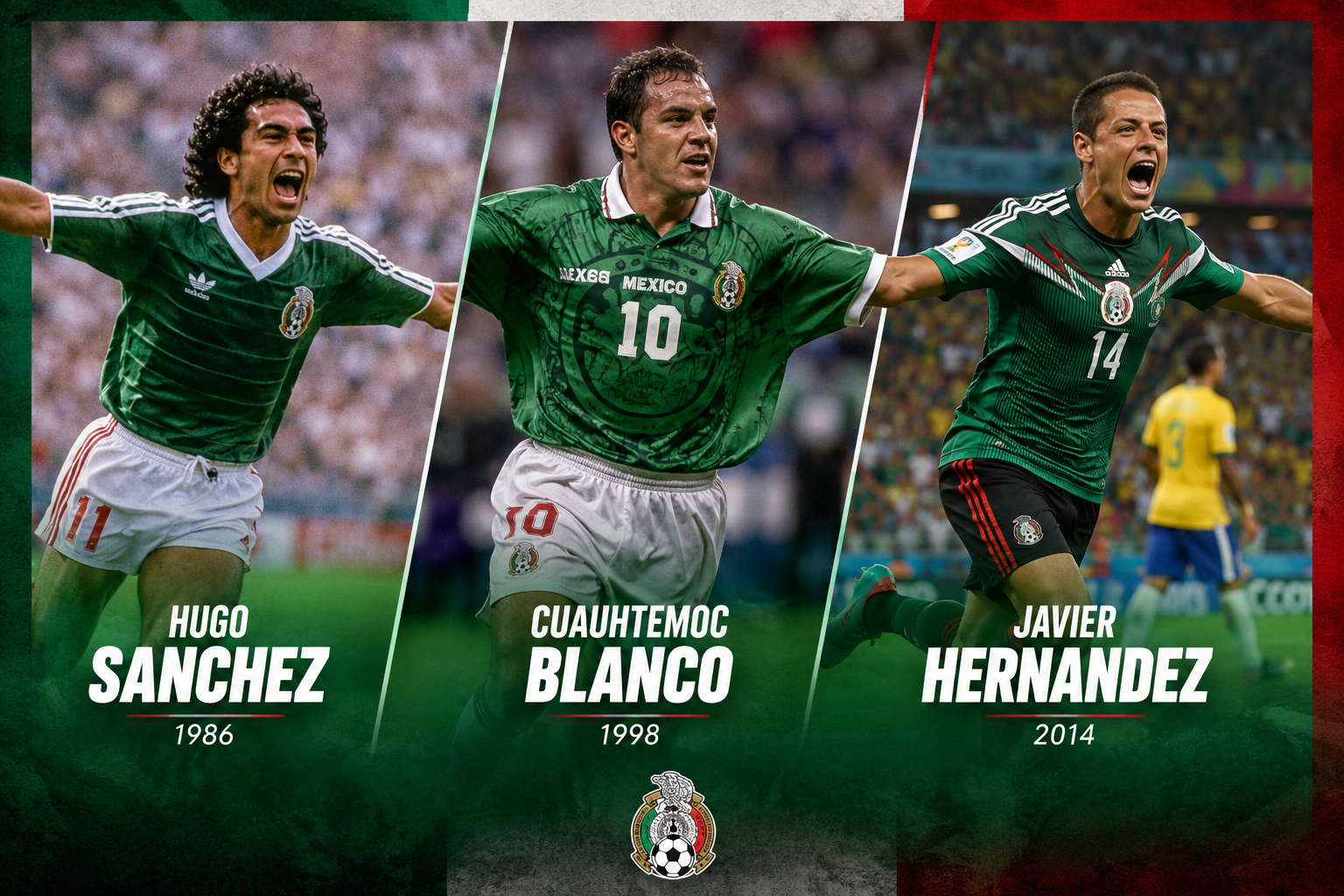() dynamic action photograph composite showing famous Mexican World Cup players across different eras — Hugo Sanchez in 1986