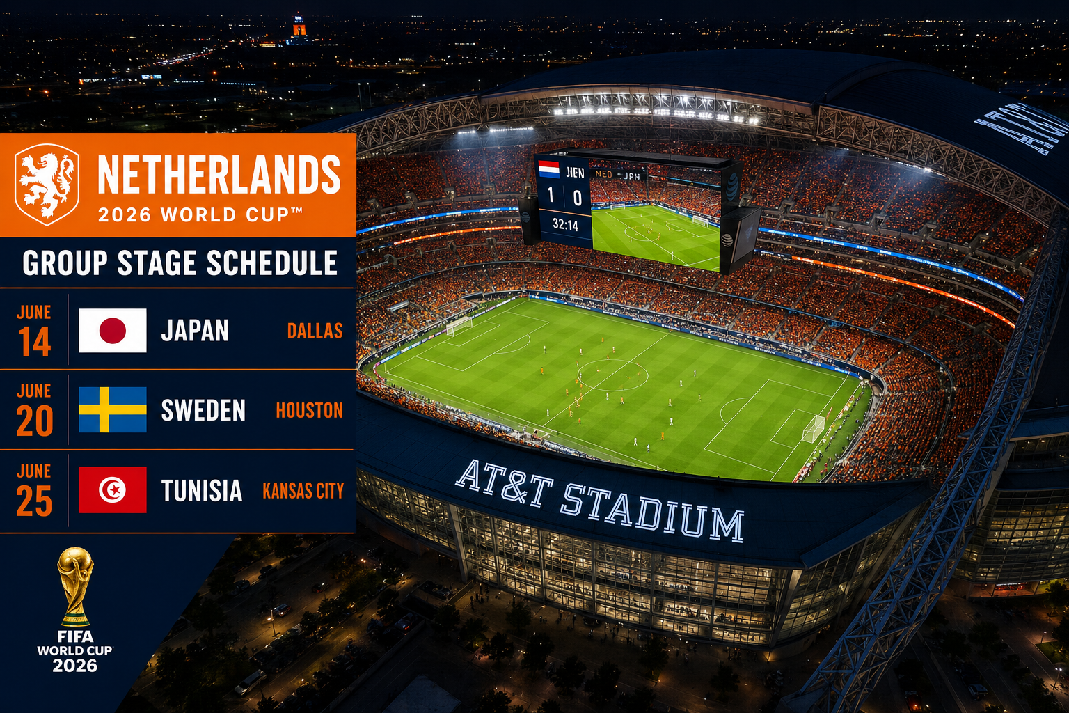 () aerial view of AT&T Stadium in Arlington Texas at night with floodlights blazing, Dutch orange fan sections visible in