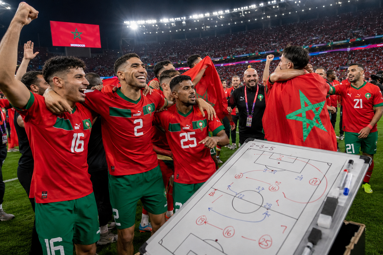 Detailed () editorial image showing the Moroccan national football team celebrating on the pitch after a historic victory,