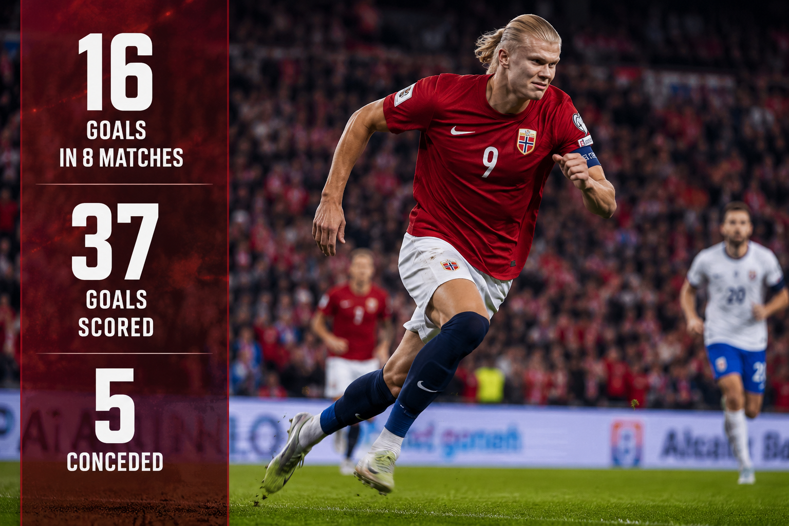 () action photograph composition showing Erling Haaland in Norway's red national team jersey mid-sprint on a football pitch,