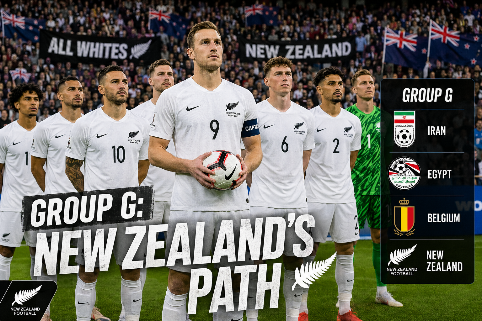 () editorial image showing the New Zealand All Whites football squad in white jerseys lined up on a pitch before kickoff,