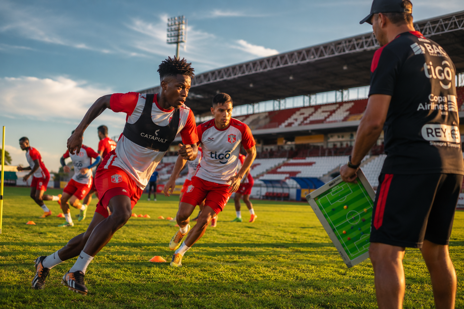 () action photography style image showing Panamanian football players in red and white training kit during an intense