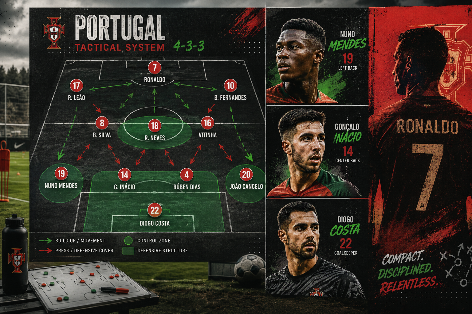 () dynamic action shot concept showing Portugal's tactical formation diagram overlaid on a football pitch graphic, with