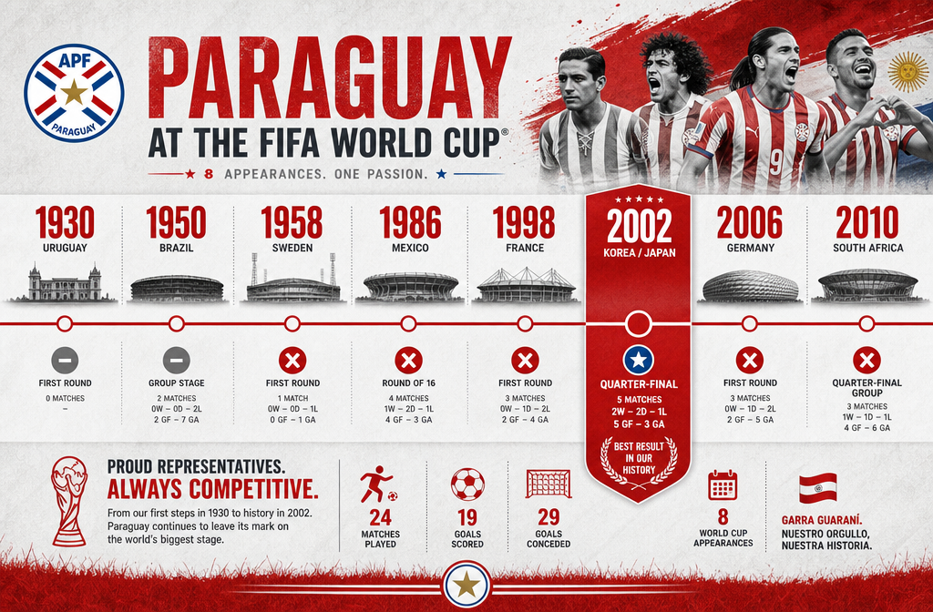 () editorial image showing a timeline infographic of Paraguay's FIFA World Cup appearances from 1930 to 2010, displayed as a