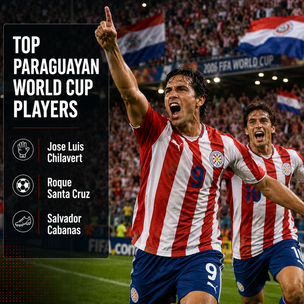 () dynamic action photograph composition showing Paraguayan football players in iconic red and white striped jerseys