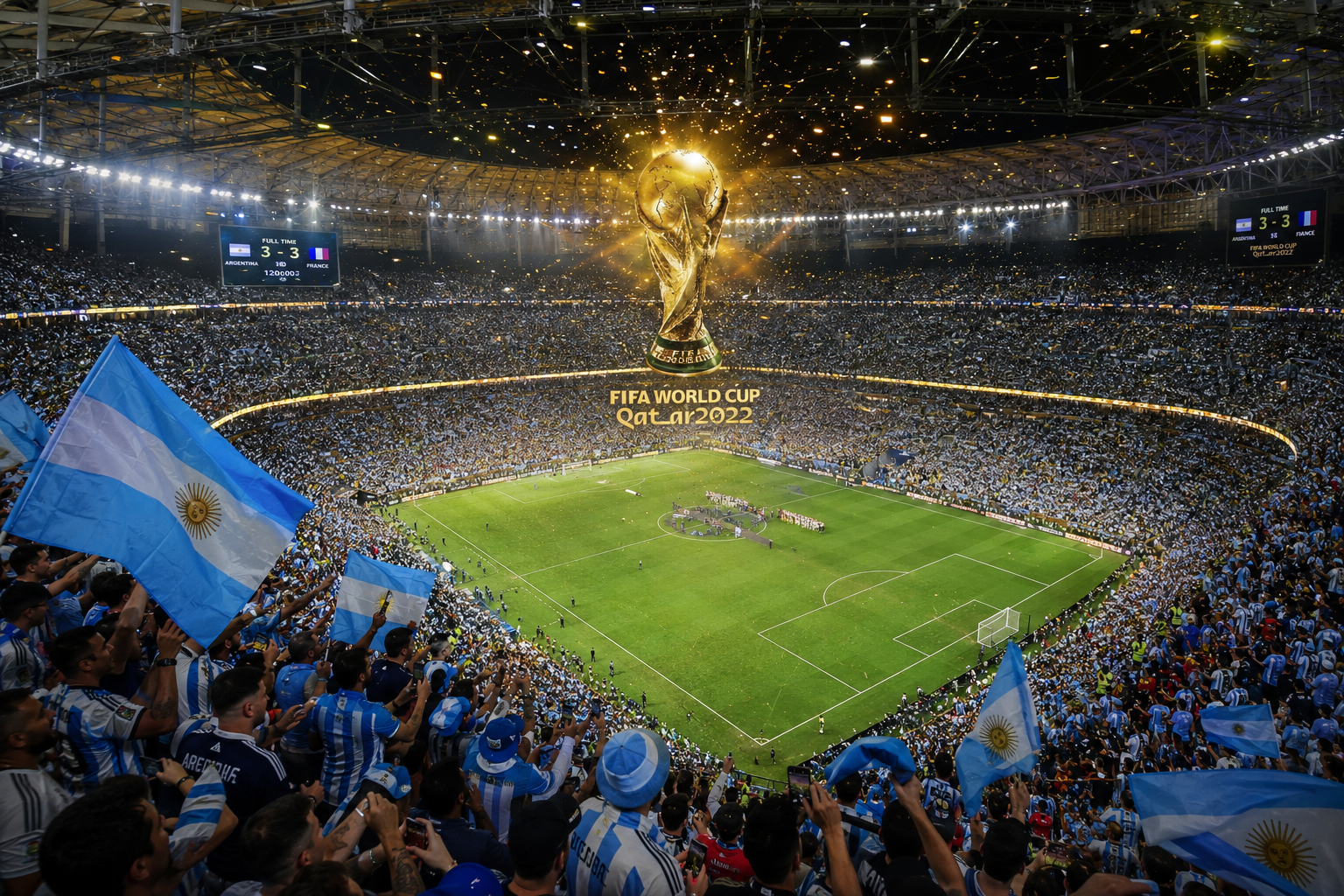 () editorial image showing the 2022 FIFA World Cup Qatar final match between Argentina and France at Lusail Stadium, aerial