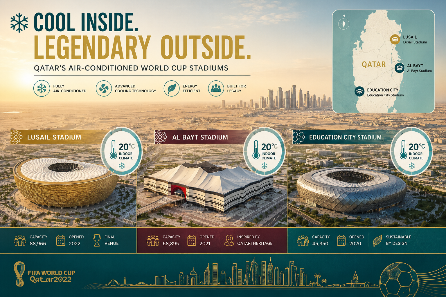 () infographic-style editorial image showing Qatar's futuristic air-conditioned World Cup stadiums side by side — Lusail, Al