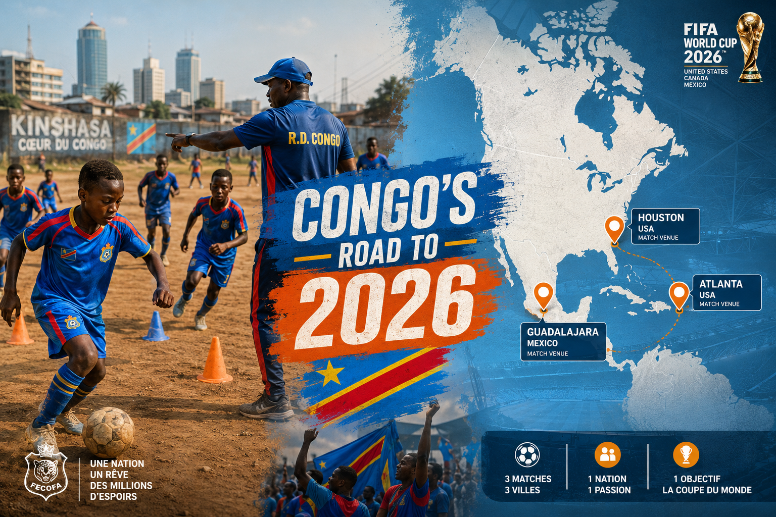 Detailed () infographic-style editorial image showing a split composition: left side features young Congolese children in