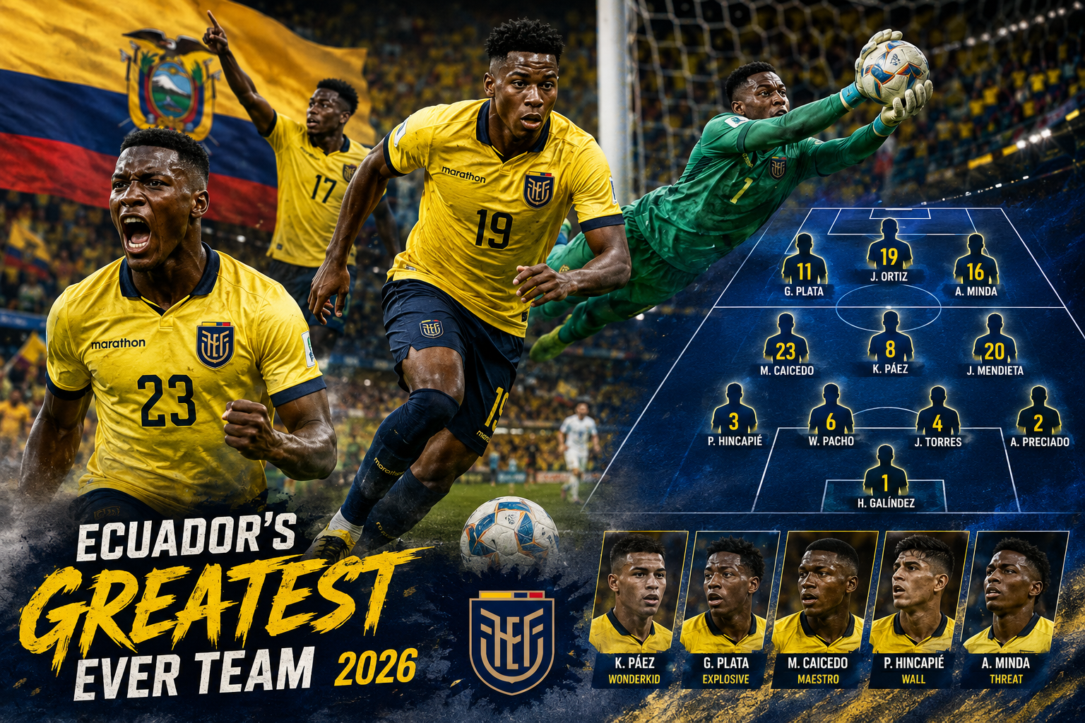 () action photography composite showing Ecuador national football team players in yellow jerseys in dynamic match moments —