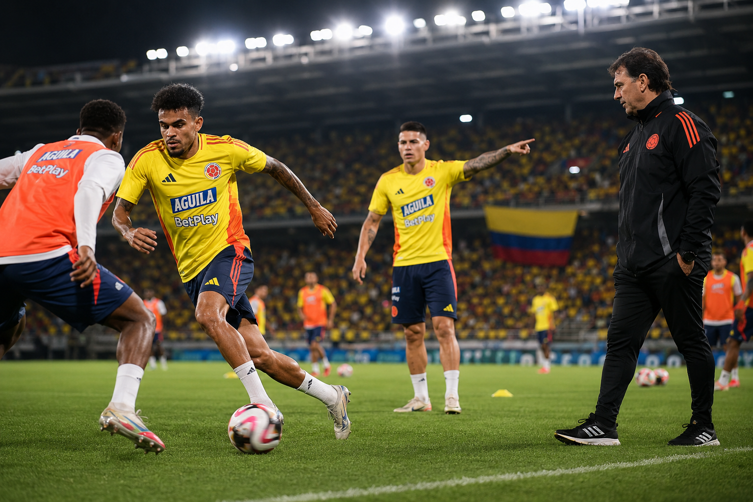 Detailed () dynamic action photography style illustration showing Colombian national team players in yellow jerseys in a