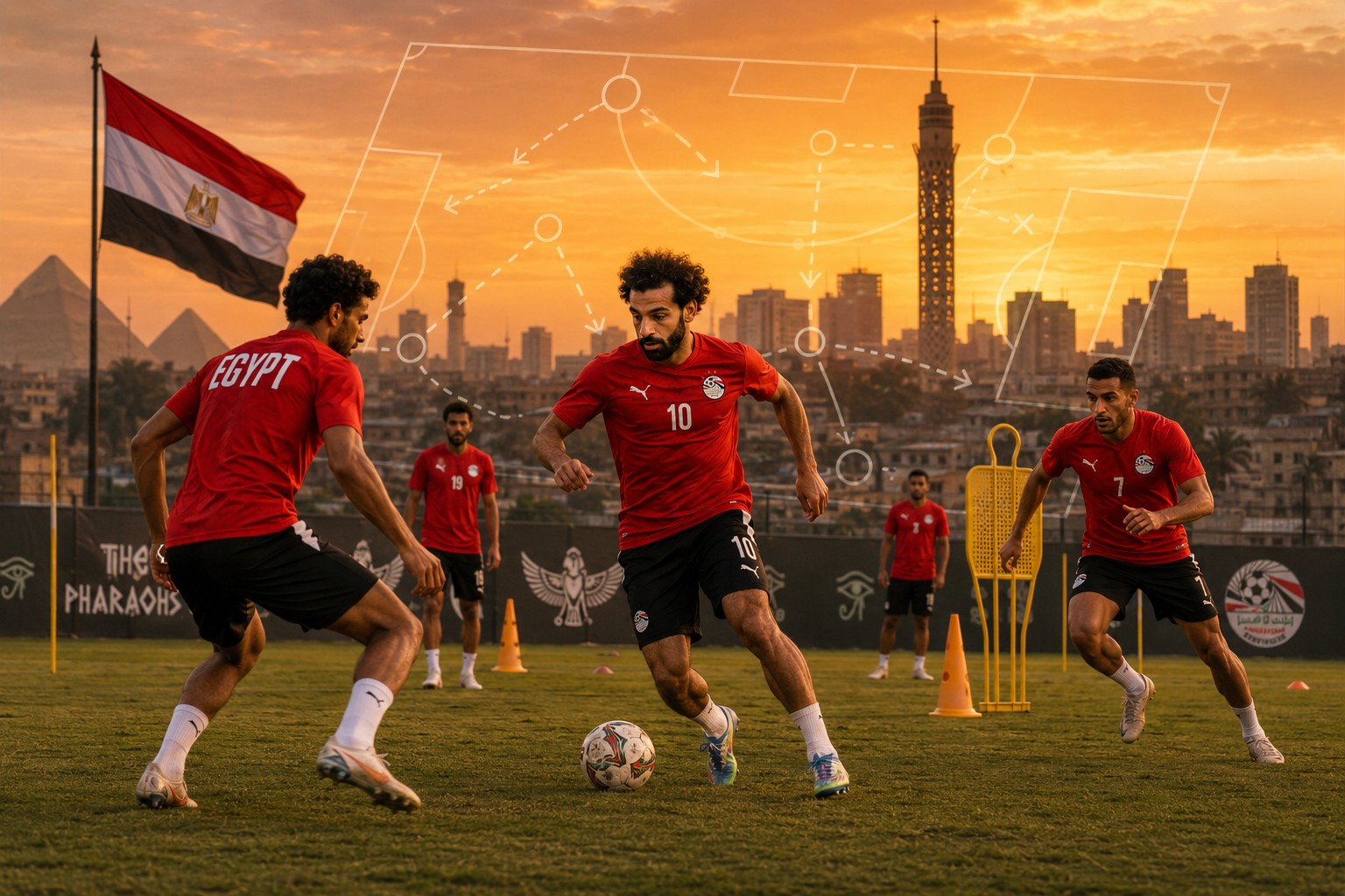 () editorial illustration showing Egypt national football team players in red kits training on a pitch with Cairo skyline