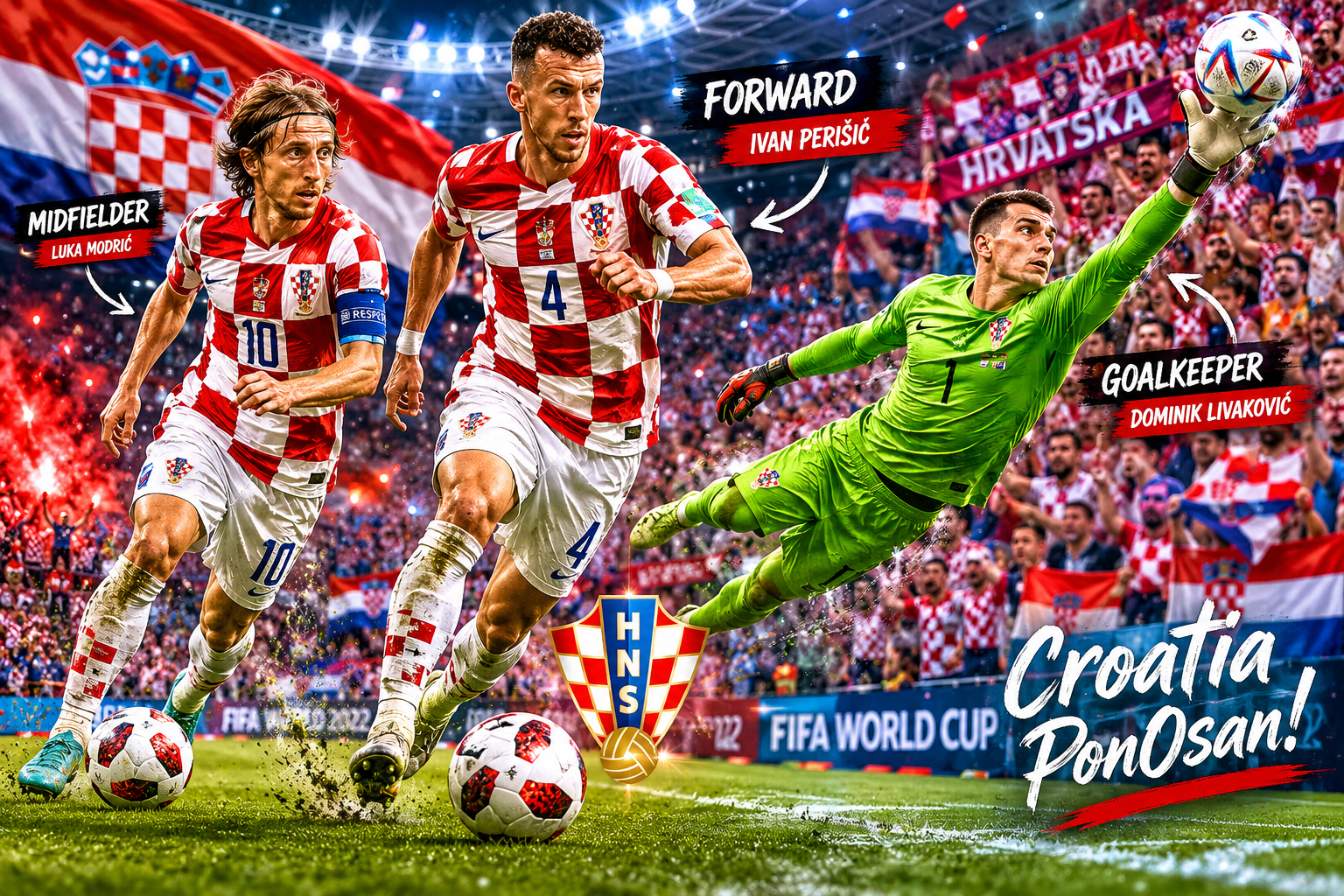 () dynamic action shot composite showing iconic Croatian soccer players in the red-and-white checkered jersey mid-play — one