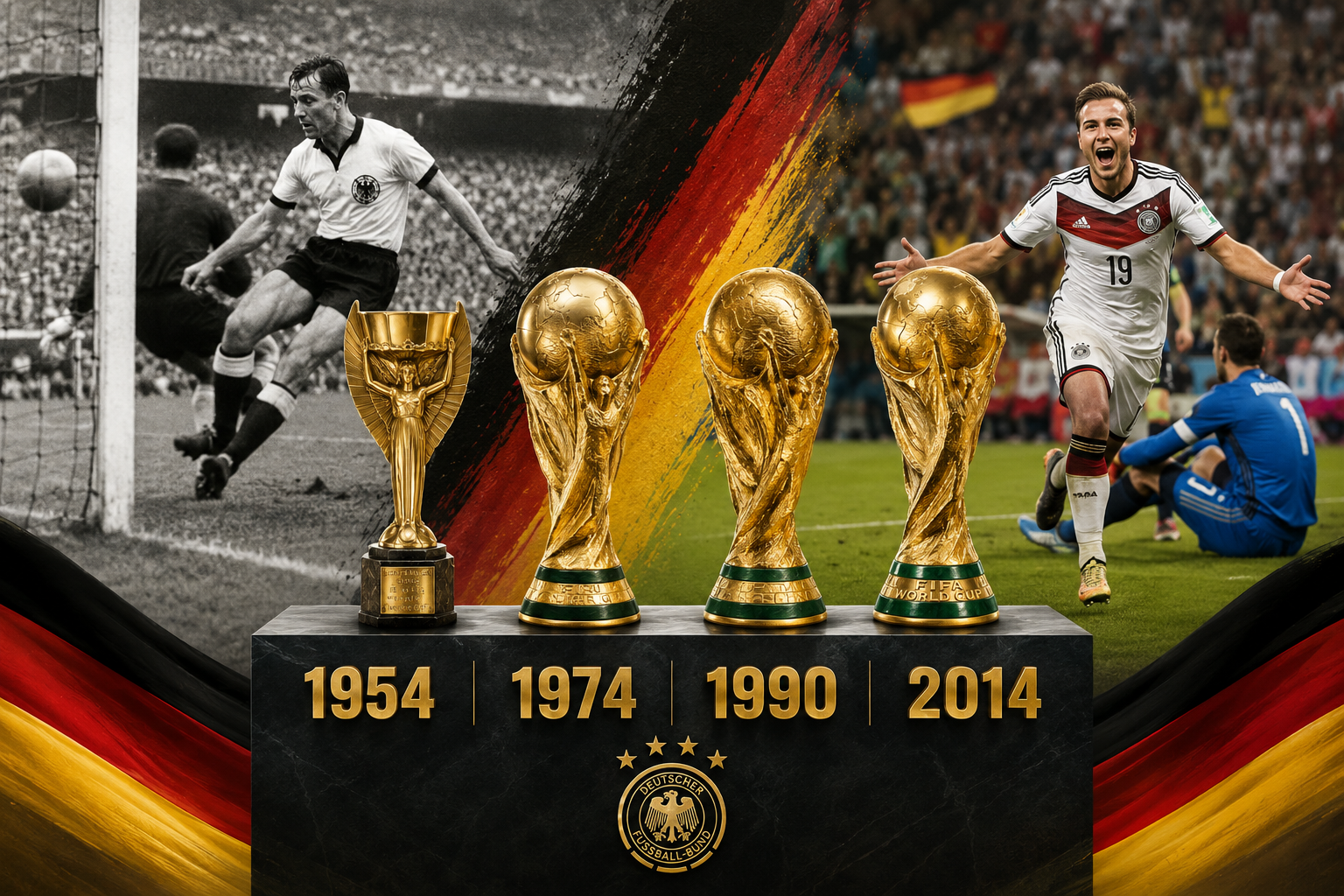 () editorial infographic showing Germany's four FIFA World Cup trophies displayed side by side on a podium, with