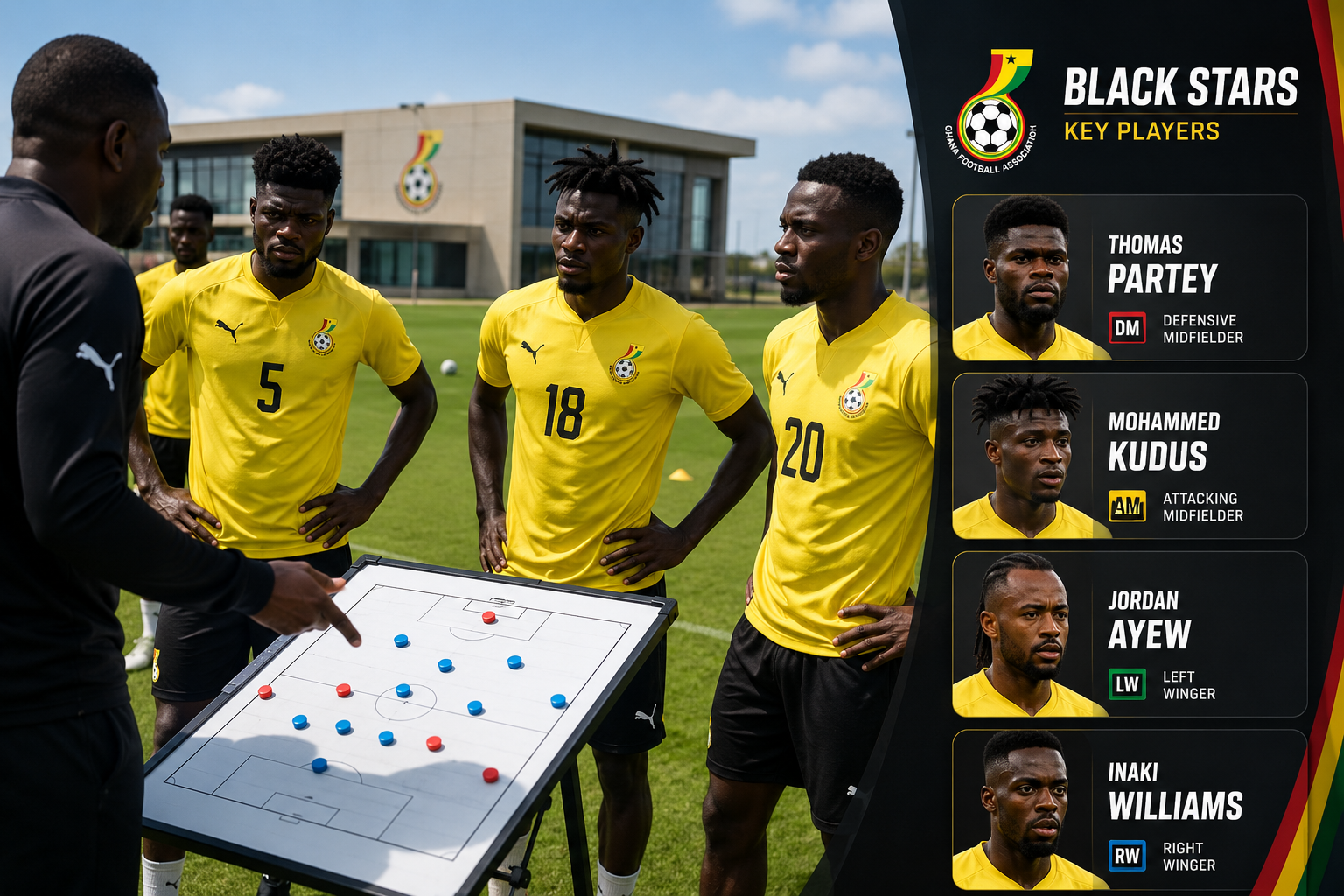 () action photography style image showing Ghana Black Stars players in yellow jerseys training on a pitch, a tactical