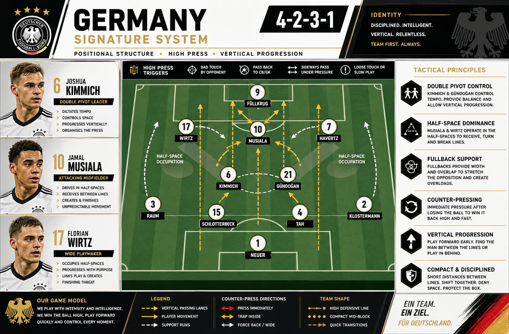 () tactical football pitch diagram showing Germany's signature 4-2-3-1 formation with player position markers, movement