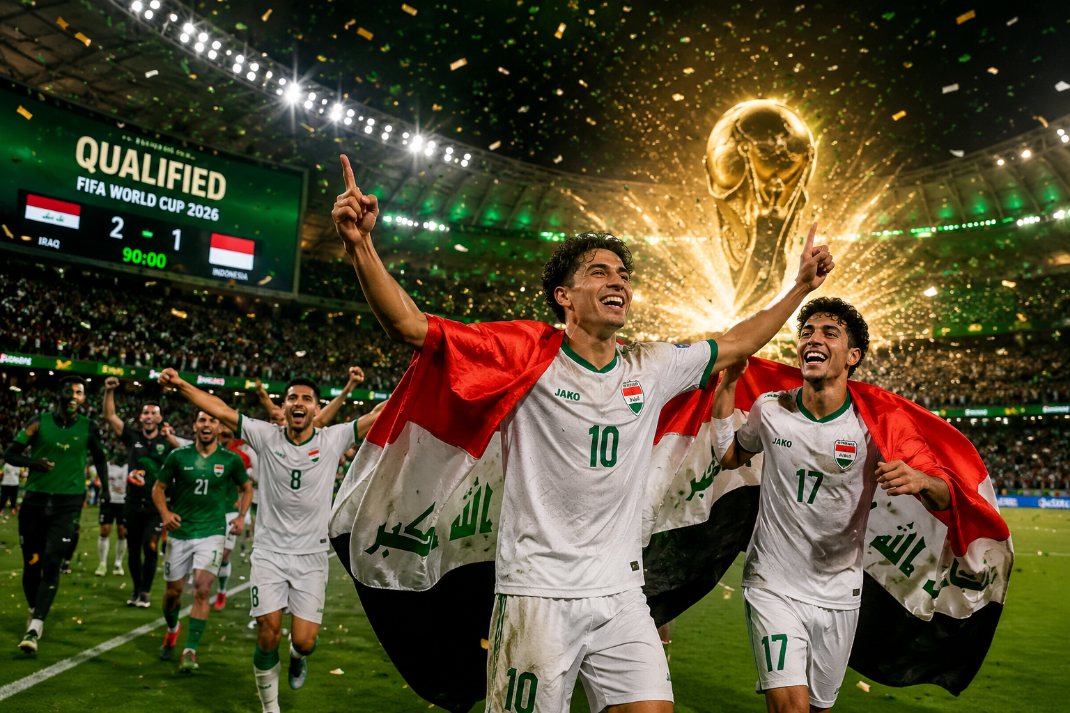 () editorial illustration showing Iraq national football team players in green and white jerseys celebrating on a pitch,