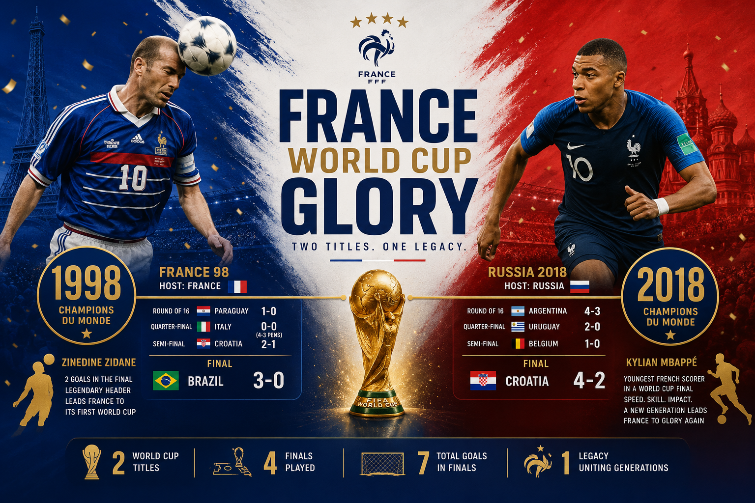 () editorial illustration showing a timeline infographic of France's two World Cup victories — 1998 and 2018 — with trophy