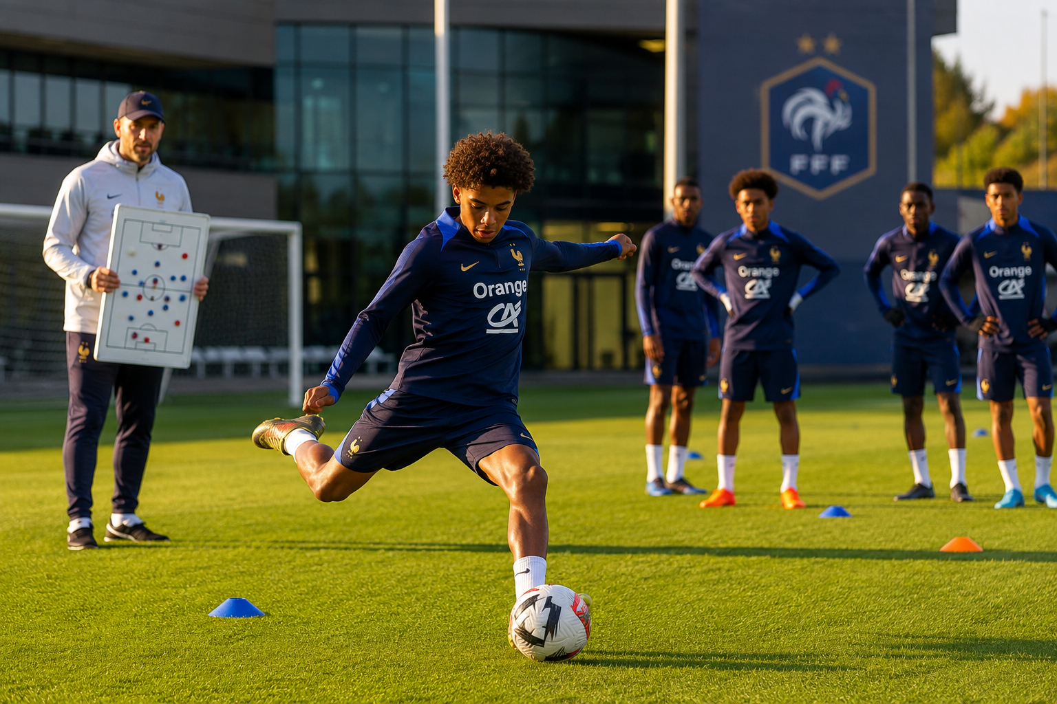 () dynamic action photograph composition showing a French youth academy training session on an immaculate green pitch, with