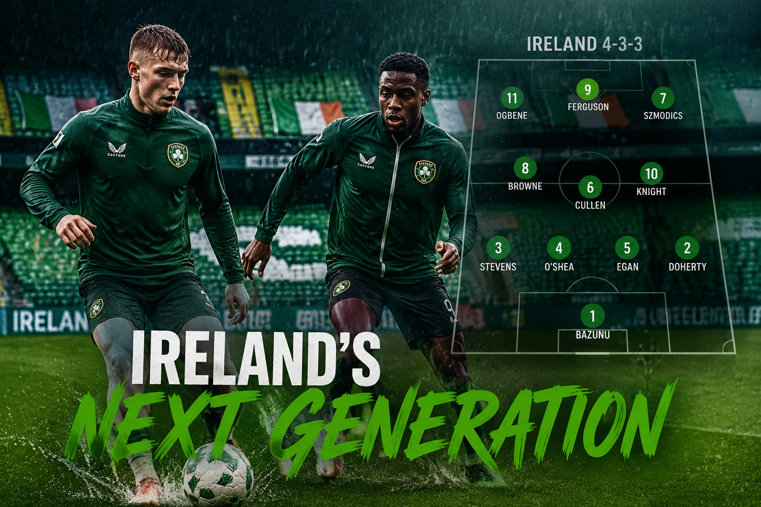 () action shot composite showing young Irish footballers Evan Ferguson and Chiedozie Ogbene in training gear doing technical
