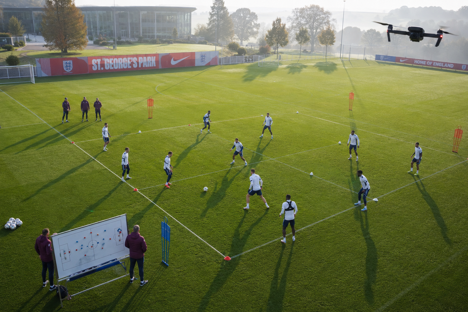 Detailed () dynamic action image showing England national team players in training session at St George's Park, players in