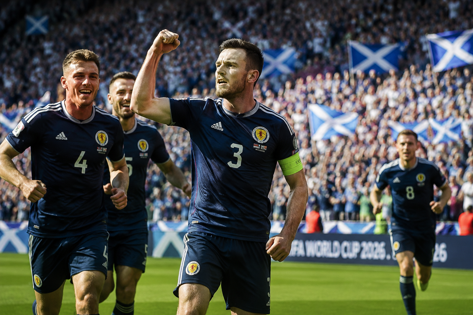 () editorial image showing Scotland national football team players in dark navy blue kits celebrating a goal on a