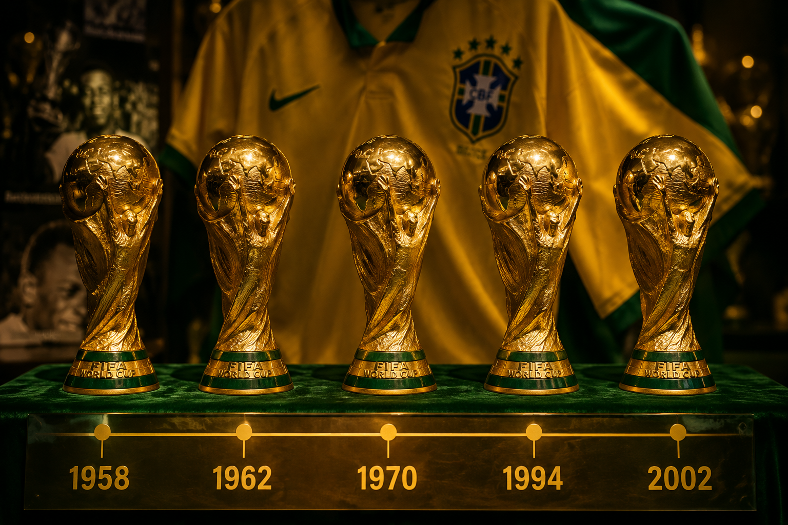 () editorial illustration showing Brazil's five golden World Cup trophies arranged in a row on a green velvet surface, each