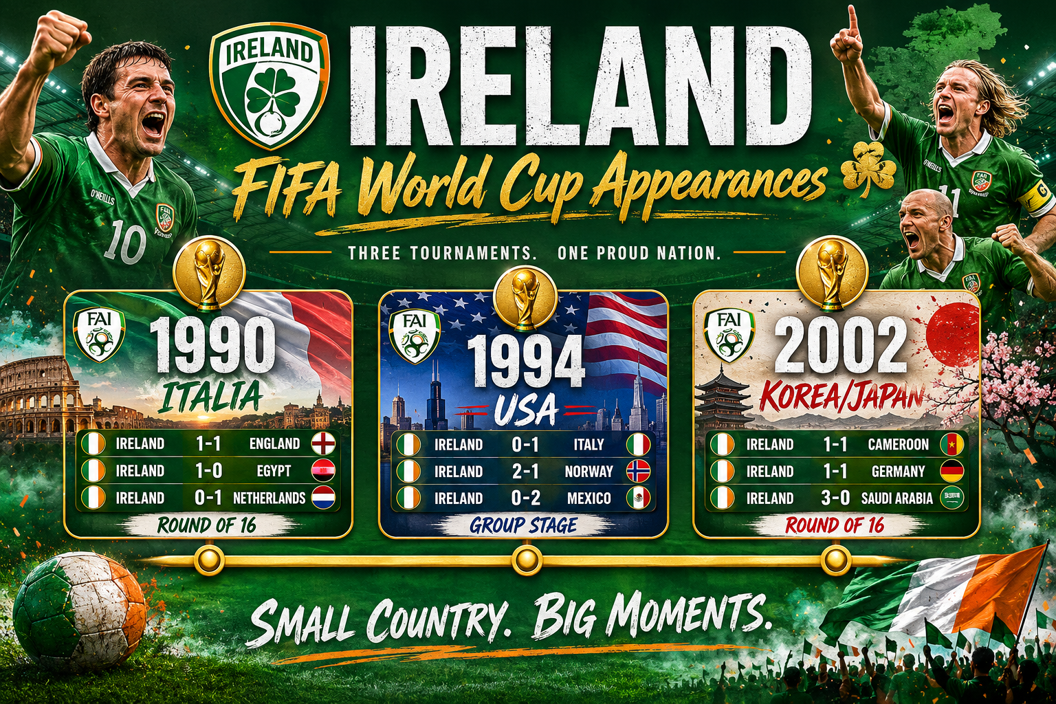 () editorial illustration showing a timeline graphic of Ireland's FIFA World Cup appearances — 1990 Italia, 1994 USA, 2002