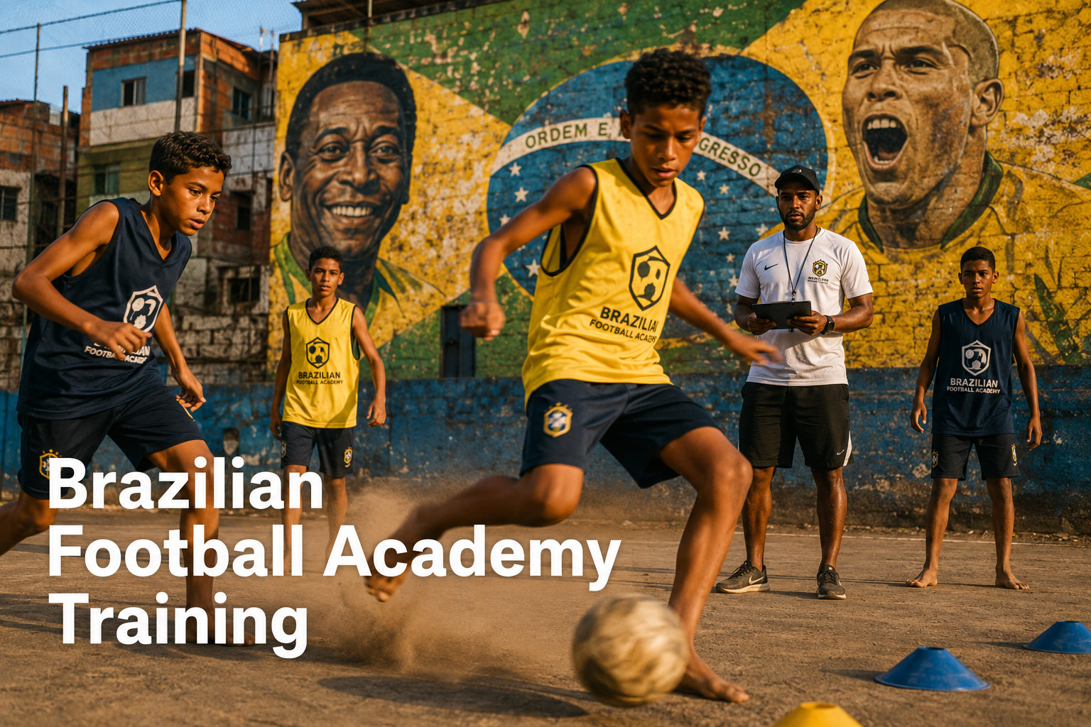 () dynamic action shot concept showing young Brazilian football players training on a dusty futsal court in São Paulo,