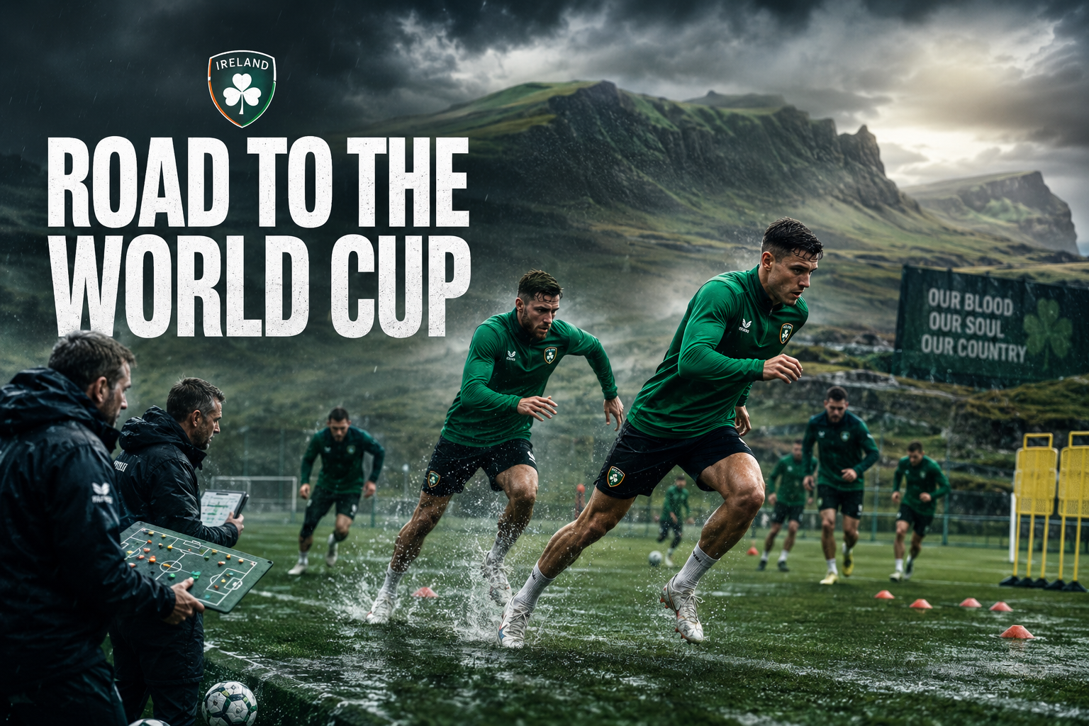 () dynamic action shot concept showing Irish national soccer team players in green jerseys training on a rain-soaked pitch,