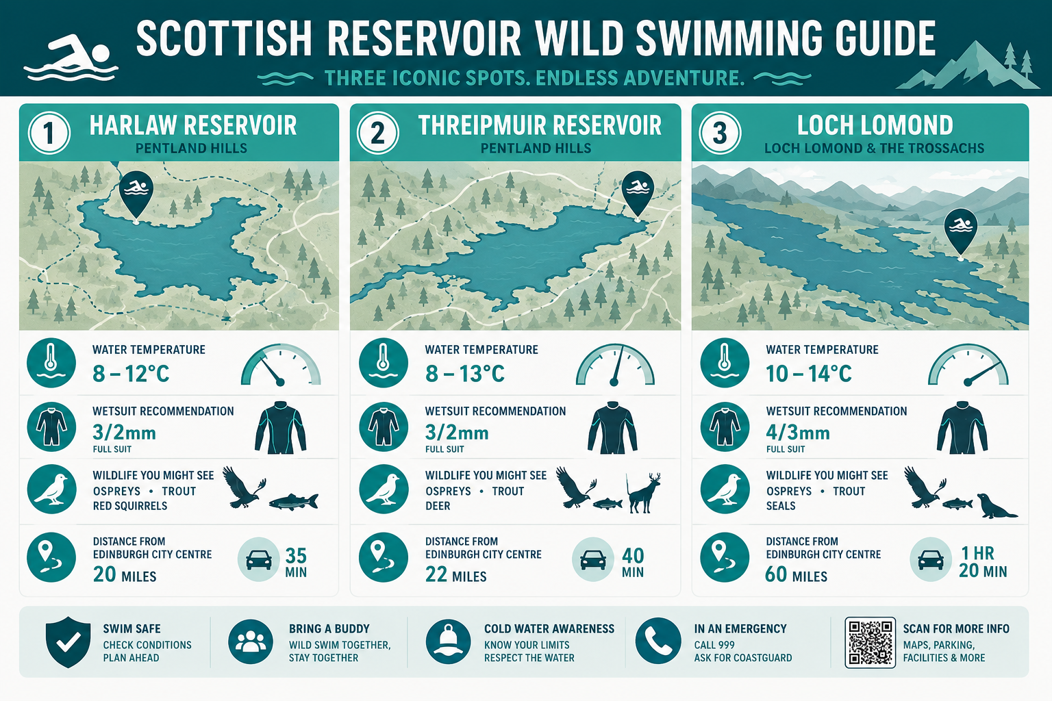 () editorial infographic-style image showing a side-by-side comparison map of Scottish reservoir wild swimming locations