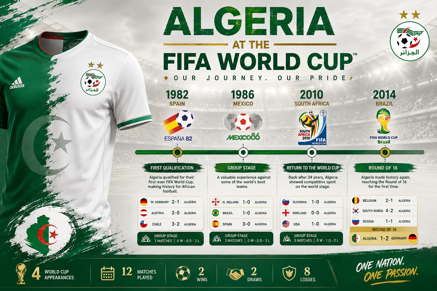 () editorial infographic showing Algeria World Cup history timeline from 1982 to 2014, with year markers, tournament logos,